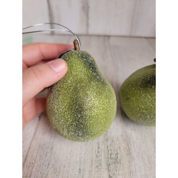 Frosted green pear fruit set ornament Xmas shiny - Picture 4 of 8